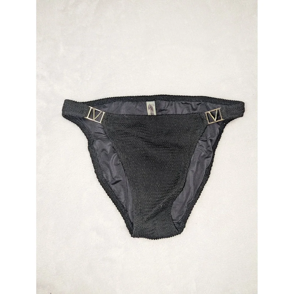 Victoria's Secret Black Smocked‎ Bikini Bottom Gold V Hardware L-XL